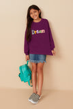 Girls Handknit Pop Up Dream Verbiage Ribbed Knit Top Pose