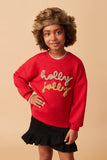 Girls Handknit Tinsel Holly Jolly Verbiage Ribbed Knit Top Front