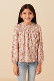 Girls Floral Smocked Yoke Long Sleeve Top Front