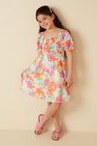 GY7912 Pink Mix Girls Bold Floral Smocked Square Neck Dress Pose