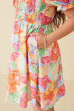 GY7912 Pink Mix Girls Bold Floral Smocked Square Neck Dress Detail