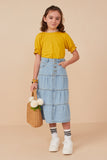 Girls Button Fly Tiered Denim Maxi Skirt Full Body