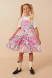 GY7935 Pink Girls Paisley Print Color Blocked Tiered Tank Dress Full Body