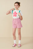 GY7941 Pink Girls Pleat Detailed Textured Checkered Shorts Full Body