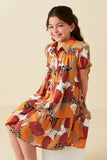 GY7946 Brown Mix Girls Abstract Leopard Print Button Up Shirt Dress Pose