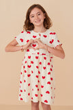 Heart Print Gauze Textured Button Detail Dress