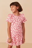 Girls Heart Print Ruffle Shoulder Short Sleeve Top Front 2