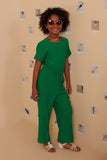 GY7979 Green Girls Textured Knit Tie Waist Cargo Jumpsuit Pose