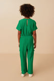 GY7979 Green Girls Textured Knit Tie Waist Cargo Jumpsuit Back