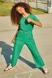 GY7979 Green Girls Textured Knit Tie Waist Cargo Jumpsuit Editorial