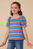 GY7980 Blue Mix Girls Textured Frill Striped T Shirt Front