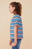 GY7980 Blue Mix Girls Textured Frill Striped T Shirt Side