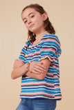 GY7980 Blue Mix Girls Textured Frill Striped T Shirt Pose