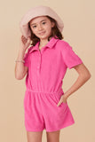 GY7987 Pink Girls Button Detail Collared Terry Romper Front