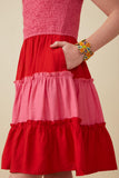 GY7991 Pink Girls Color Block Ruffle Detailed Smocked Tank Dress Detail