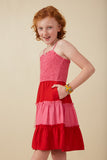 GY7991 Pink Girls Color Block Ruffle Detailed Smocked Tank Dress Side