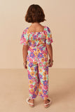 GY8032 Off White Girls Vivid Floral Self Belt Smocked Jumpsuit Back