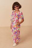 GY8032 Off White Girls Vivid Floral Self Belt Smocked Jumpsuit Side