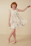 GY8048 Ivory Girls Watercolor V Neck Tiered Ruffled Dress Pose