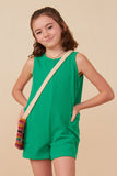 GY8055 Green Girls Cargo Pocket Knit Tank Romper Front