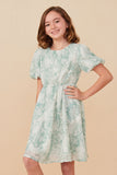 GY8078 Green Girls Floral Textured Printed Mesh Puff Sleeve Dress Front