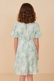 GY8078 Green Girls Floral Textured Printed Mesh Puff Sleeve Dress