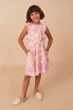 GY8111 PINK Girls Tonal Floral Print Smocked Waist Lace Trim Dress Full Body