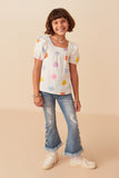 GY8116 Ivory Girls Floral Gauze Textured Square Neck Top Full Body