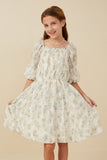 GY8130 Cream Girls Floral Printed Mesh Puff Sleeve Dress Front