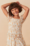 Girls Floral Printed Eyelet Full Smocked Puff Sleeve Top Front