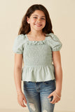 GY8149 MINT Girls Ruffle Detail Smocked Floral Embroidered Top Front