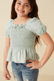 GY8149 MINT Girls Ruffle Detail Smocked Floral Embroidered Top Detail