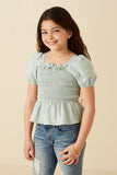 GY8149 MINT Girls Ruffle Detail Smocked Floral Embroidered Top Pose