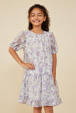 GY8162 Lavender Girls Floral Printed Mesh Puff Sleeve Tiered Dress Front