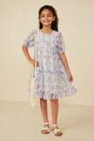 GY8162 Lavender Girls Floral Printed Mesh Puff Sleeve Tiered Dress Full Body