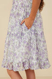 GY8162 Lavender Girls Floral Printed Mesh Puff Sleeve Tiered Dress Detail