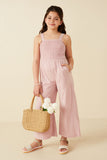 GY8186 Blush Girls Smocked Strappy Marled Knit Jumpsuit Full Body