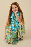 GY8217 Blue Mix Girls Textured Botanical Print Tiered Tank Dress