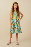 GY8217 Blue Mix Girls Textured Botanical Print Tiered Tank Dress