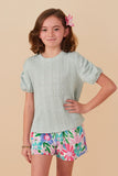 GY8247 Mint  Girls Textured Gathered Sleeve Stretch Knit Top Front