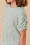 GY8247 Mint  Girls Textured Gathered Sleeve Stretch Knit Top Side