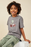 GY8251 Charcoal Girls Sequin Cherry Patch Washed Out Tee Pose