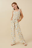 GY8278 Ivory Girls Ditsy Floral Smocked Ruffle Detail Jumpsuit Full Body