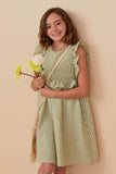 GY8289 Sage Girls Linen Like Striped Button Detail Ruffled Dress Front