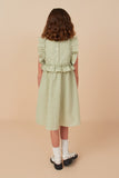 GY8289 Sage Girls Linen Like Striped Button Detail Ruffled Dress Back