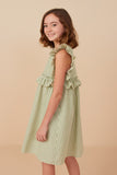 GY8289 Sage Girls Linen Like Striped Button Detail Ruffled Dress Side 2