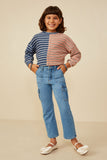 GY8294 Navy Girls Fabric Blocked Striped Terry Knit Top Front 2