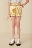 GY8308 Gold Girls Smocked Elastic Waist Metallic Shorts Front