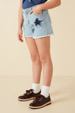 GY8313 Light Denim Girls Distressed Star Patch Frayed Denim Shorts Side