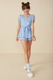 GY8328 Blue Girls Belted Surplice Peplum Layer Organza Romper Full Body